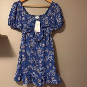 NWT Sienna Sky Blue Floral Front Tie Ruffle Dress Women’s Size XS